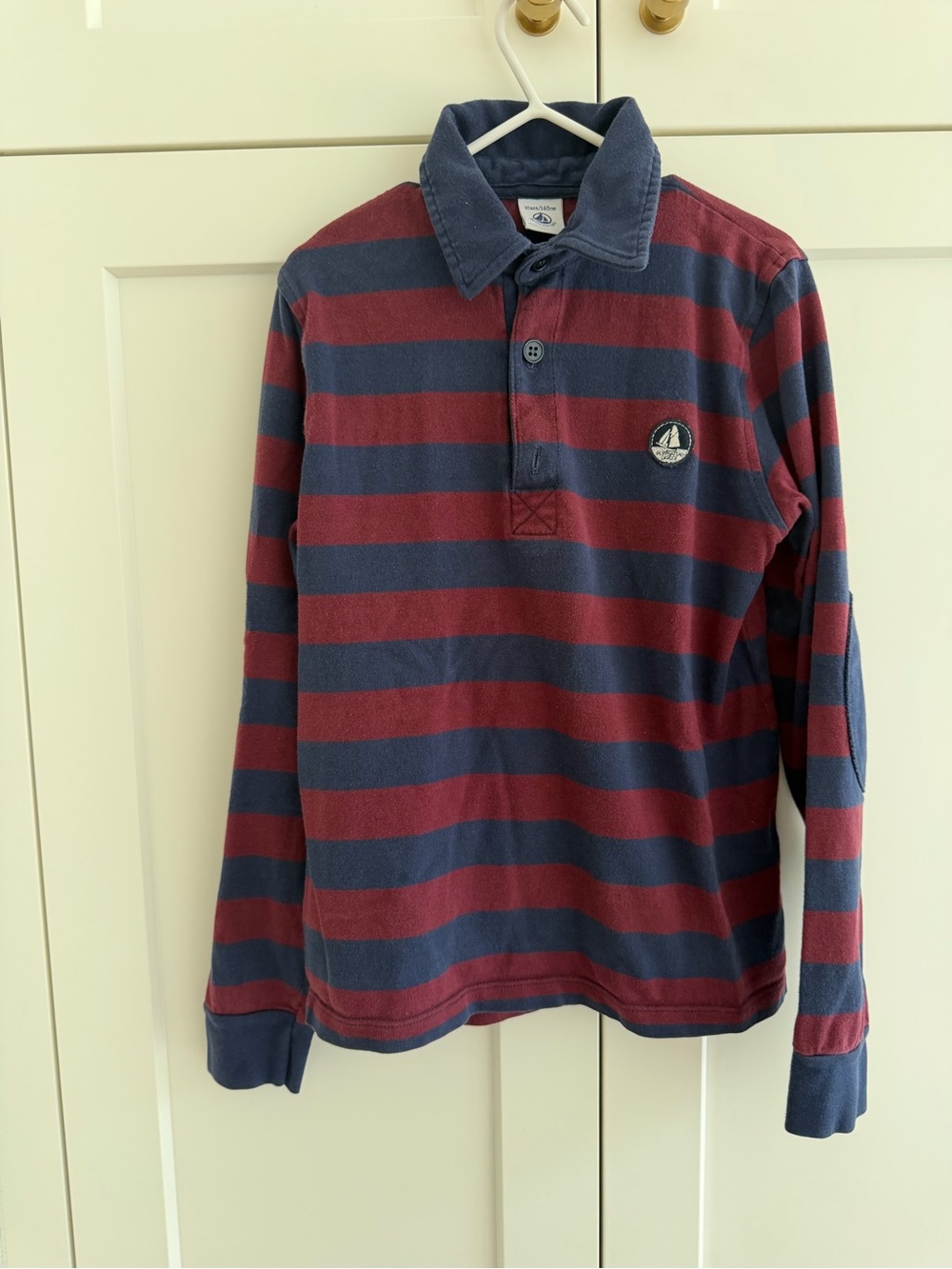 Petit Bateau Boys Long-Sleeve Rugby Stripe Shirt in Maroon and Navy